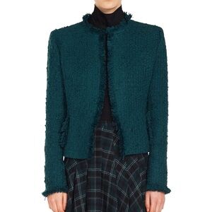 Akris Punto Fringe Tweed Cropped Bouclé Teal Jacket Blazer EUC 6